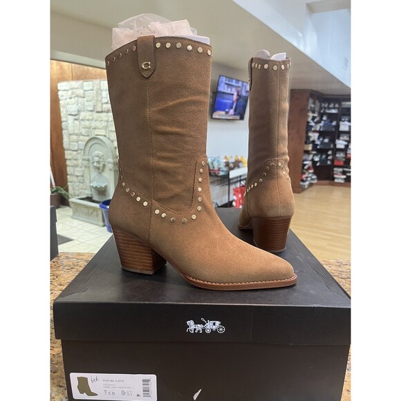 $265 Coach Pheobe Coconut Tan Cowboy Mid Calf Pull On Boots Bootie Shoes SZ 7.5 - Picture 1 of 6